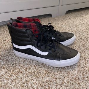 Sk8-Hi Vans! Black with red plaid + zipper in back